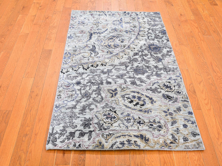 3'0" x 5'3" New Hand Knotted Grey Wool & Silk Rectangle Oriental Rug - MOA10259486