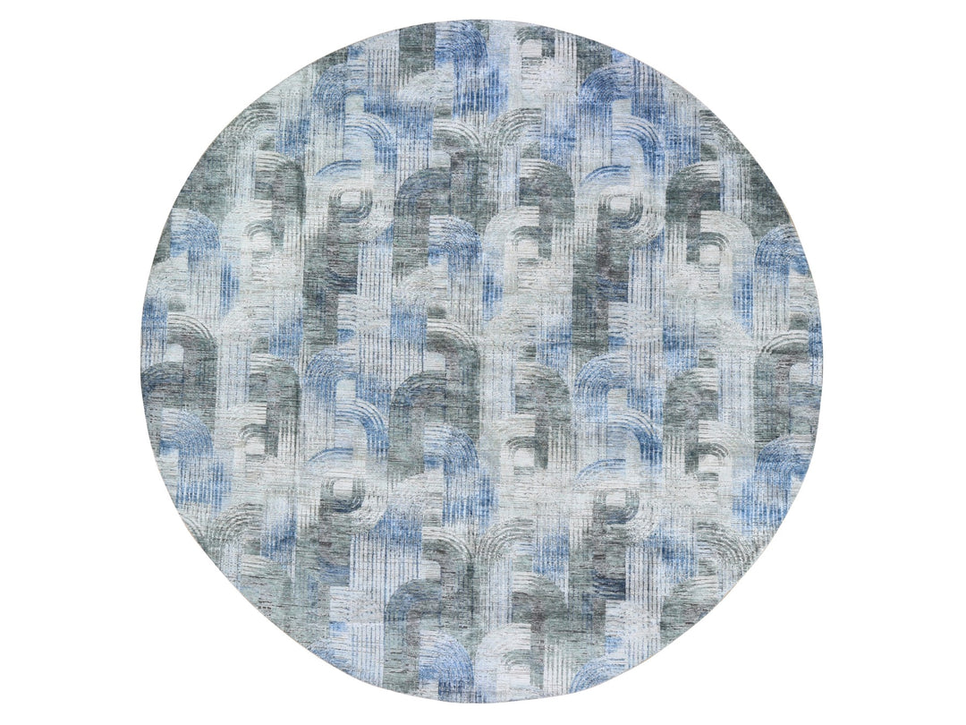 12'0" x 12'0" New Hand Knotted Blue Wool & Silk Round Oriental Rug - MOA10259491