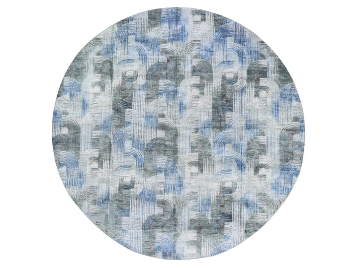 12'0" x 12'0" New Hand Knotted Blue Wool & Silk Round Oriental Rug - MOA10259491