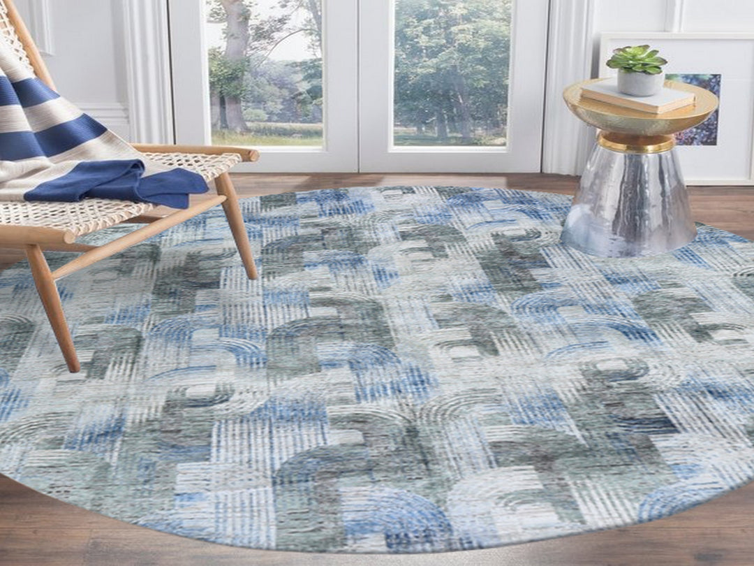 12'0" x 12'0" New Hand Knotted Blue Wool & Silk Round Oriental Rug - MOA10259491