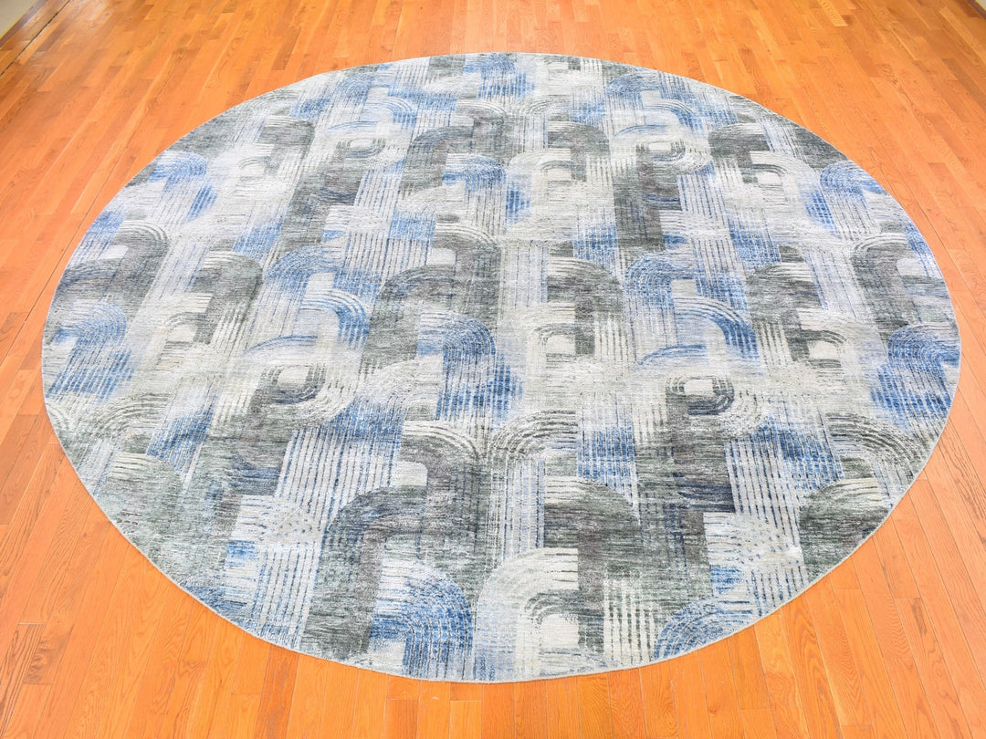 12'0" x 12'0" New Hand Knotted Blue Wool & Silk Round Oriental Rug - MOA10259491