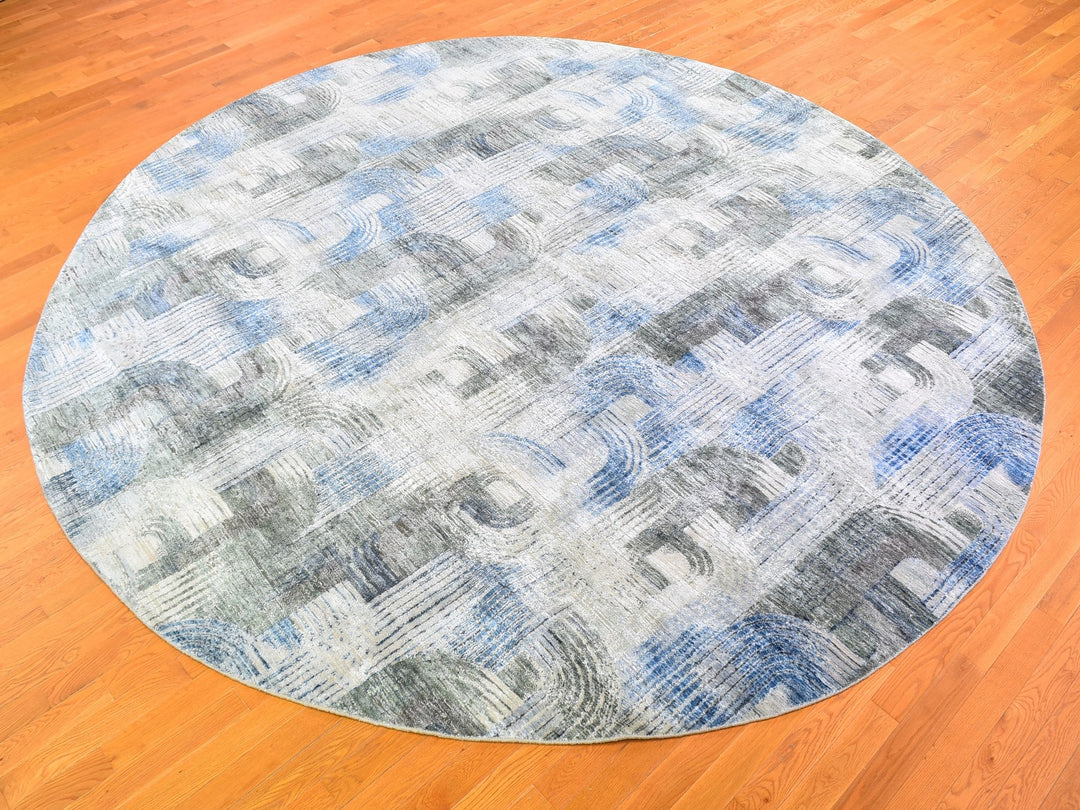 12'0" x 12'0" New Hand Knotted Blue Wool & Silk Round Oriental Rug - MOA10259491