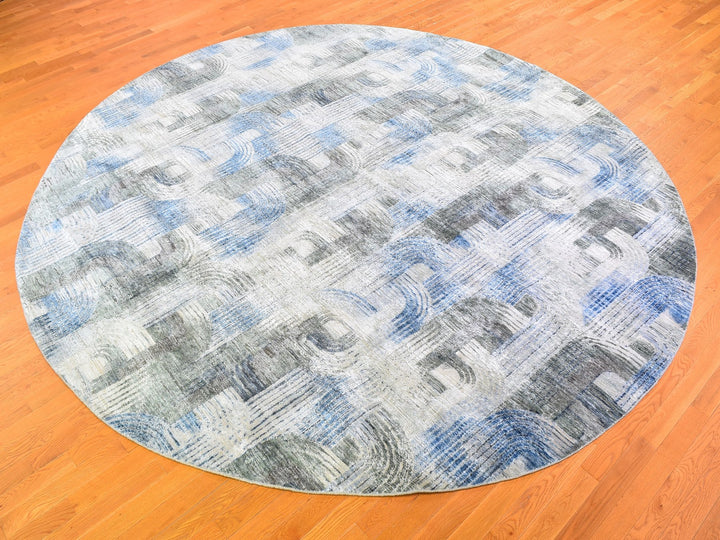 12'0" x 12'0" New Hand Knotted Blue Wool & Silk Round Oriental Rug - MOA10259491