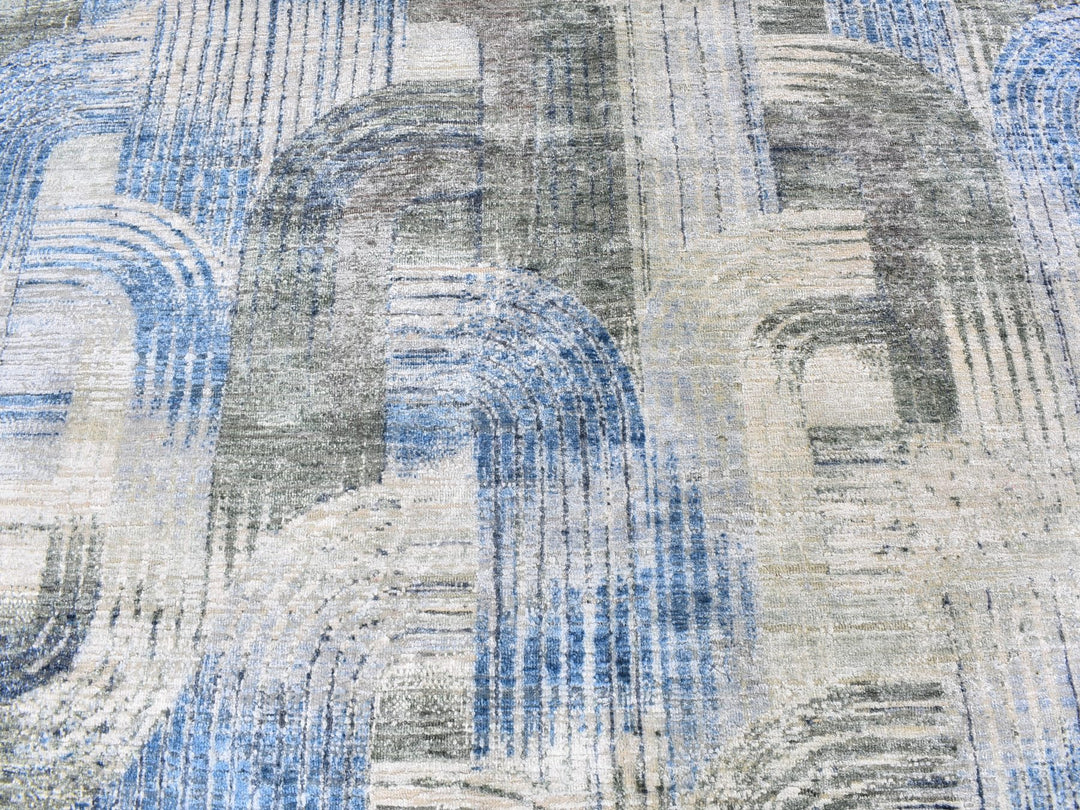 12'0" x 12'0" New Hand Knotted Blue Wool & Silk Round Oriental Rug - MOA10259491