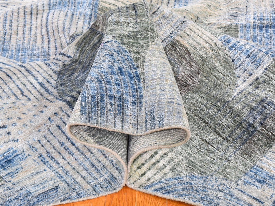 12'0" x 12'0" New Hand Knotted Blue Wool & Silk Round Oriental Rug - MOA10259491