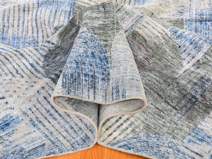 12'0" x 12'0" New Hand Knotted Blue Wool & Silk Round Oriental Rug - MOA10259491