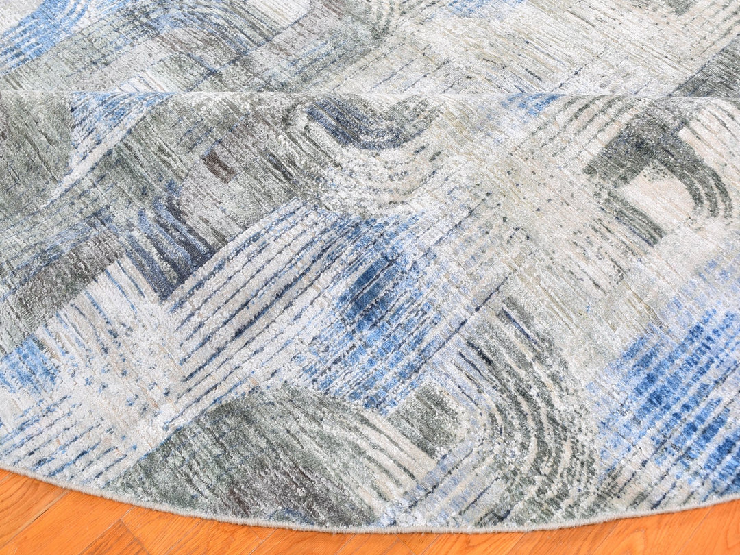 12'0" x 12'0" New Hand Knotted Blue Wool & Silk Round Oriental Rug - MOA10259491