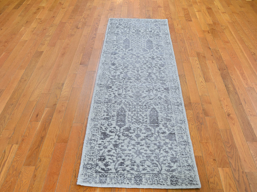 2'5" x 8'0" New Hand Loomed Grey Wool & Silk Rectangle Oriental Rug - MOA10259620