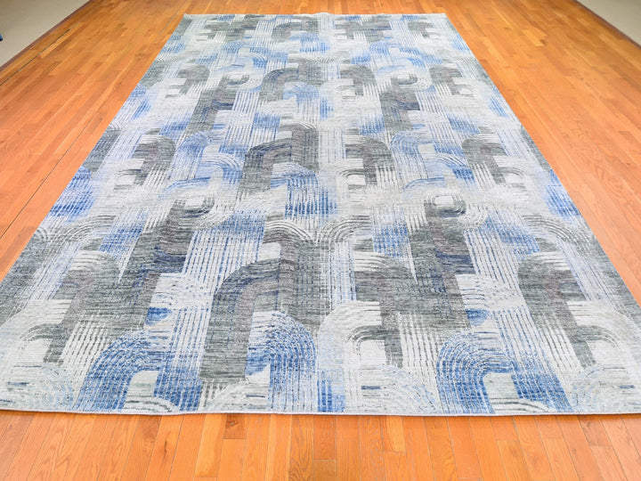 10'1" x 14'3" New Hand Knotted Blue Wool & Silk Rectangle Oriental Rug - MOA10259735