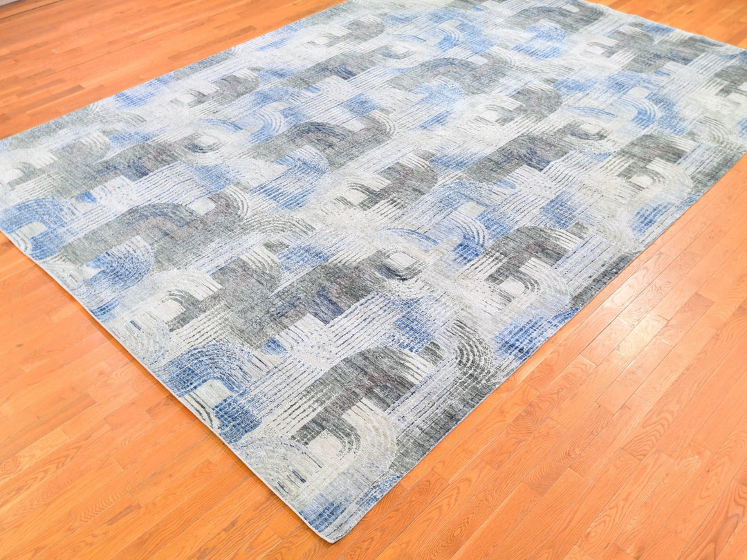 10'1" x 14'3" New Hand Knotted Blue Wool & Silk Rectangle Oriental Rug - MOA10259735