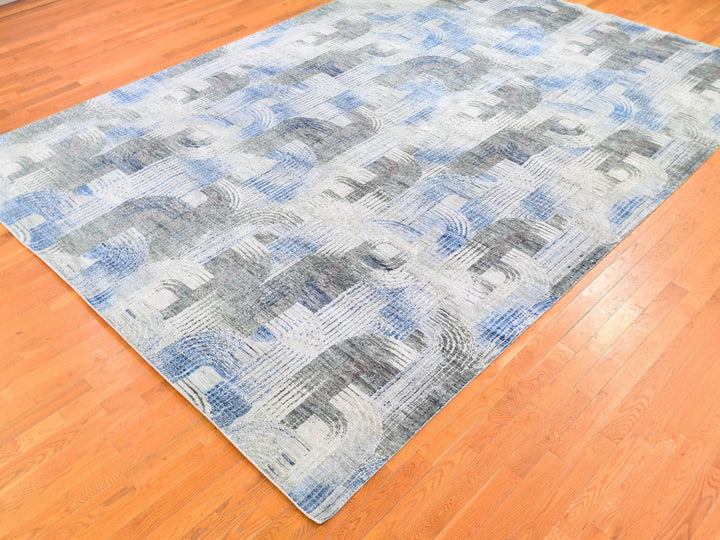 10'1" x 14'3" New Hand Knotted Blue Wool & Silk Rectangle Oriental Rug - MOA10259735