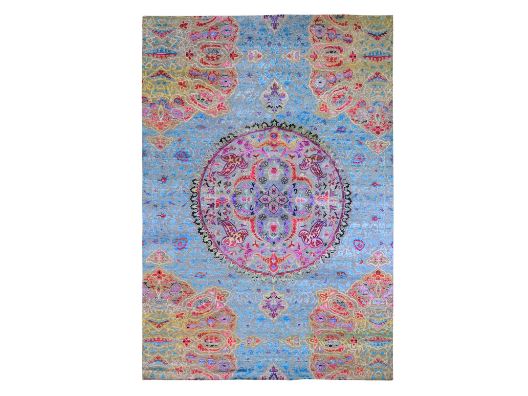 9'9" x 13'8" New Hand Knotted Blue Wool & Silk Rectangle Oriental Rug - MOA10259736