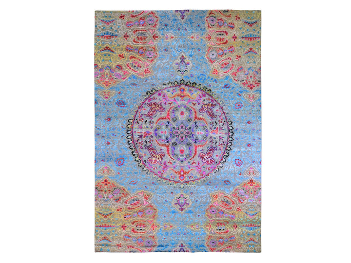 9'9" x 13'8" New Hand Knotted Blue Wool & Silk Rectangle Oriental Rug - MOA10259736