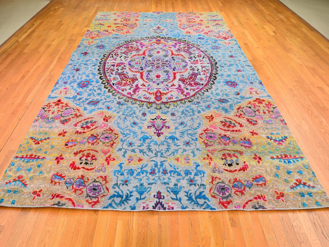 9'9" x 13'8" New Hand Knotted Blue Wool & Silk Rectangle Oriental Rug - MOA10259736