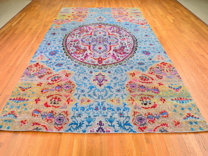 9'9" x 13'8" New Hand Knotted Blue Wool & Silk Rectangle Oriental Rug - MOA10259736