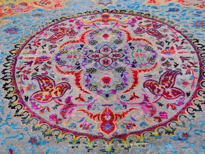 9'9" x 13'8" New Hand Knotted Blue Wool & Silk Rectangle Oriental Rug - MOA10259736