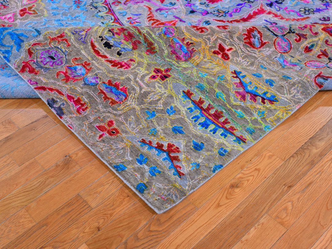 9'9" x 13'8" New Hand Knotted Blue Wool & Silk Rectangle Oriental Rug - MOA10259736