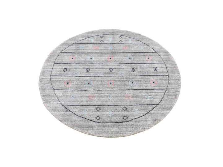 4'1" x 4'1" New Hand Loomed Grey Wool & Silk Round Oriental Rug - MOA10259966