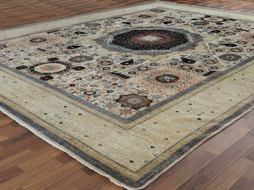 11'9" x 14'3" New Hand Knotted Ivory Worn Wool Rectangle Oriental Rug - MOA10260282