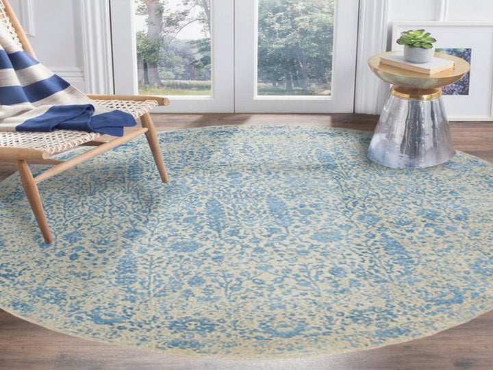 9'10" x 9'10" New Hand Loomed Blue Wool & Silk Round Oriental Rug - MOA10262066