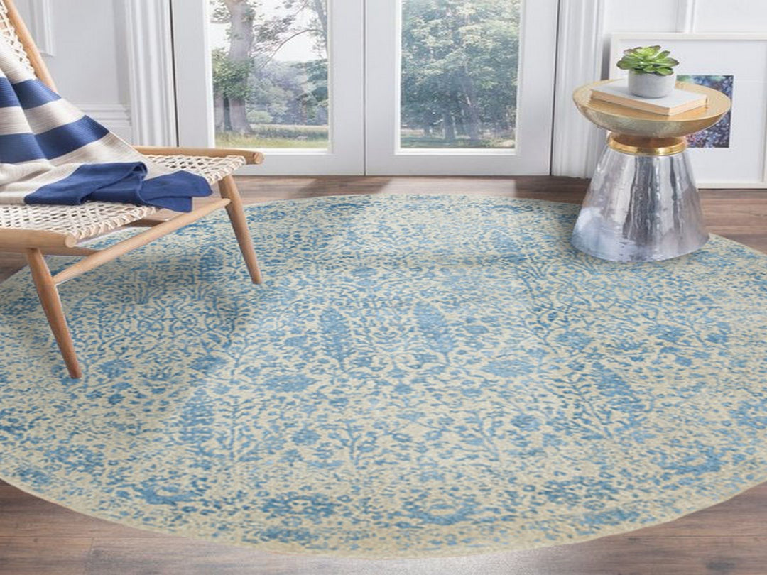 9'10" x 9'10" New Hand Loomed Blue Wool & Silk Round Oriental Rug - MOA10262066