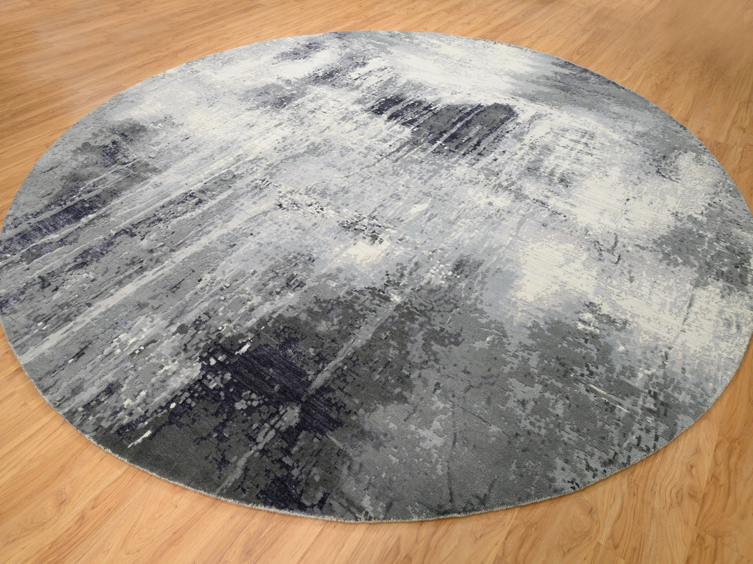 11'10" x 12'0" New Hand Knotted Ivory Wool & Silk Round Oriental Rug - MOA10262100