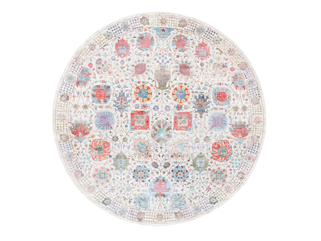 12'2" x 12'2" New Hand Knotted Ivory Wool & Silk Round Oriental Rug - MOA10262274