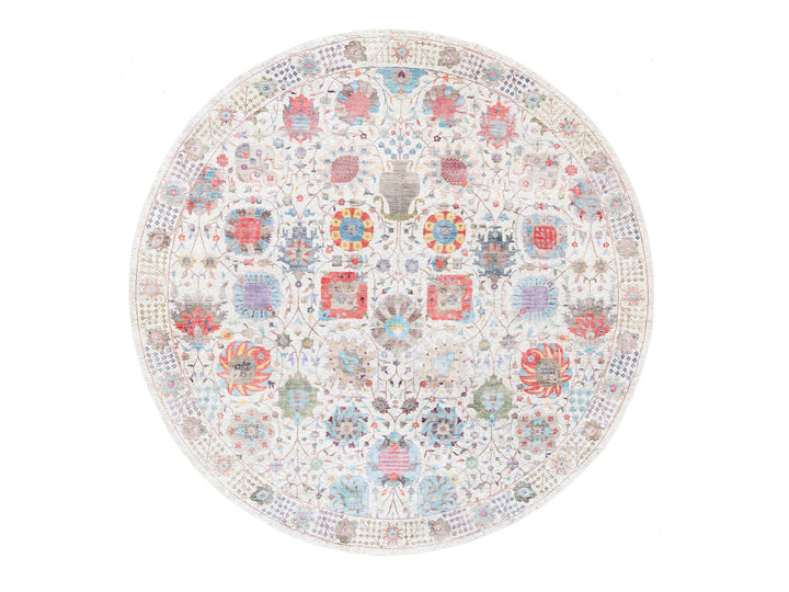 12'2" x 12'2" New Hand Knotted Ivory Wool & Silk Round Oriental Rug - MOA10262274