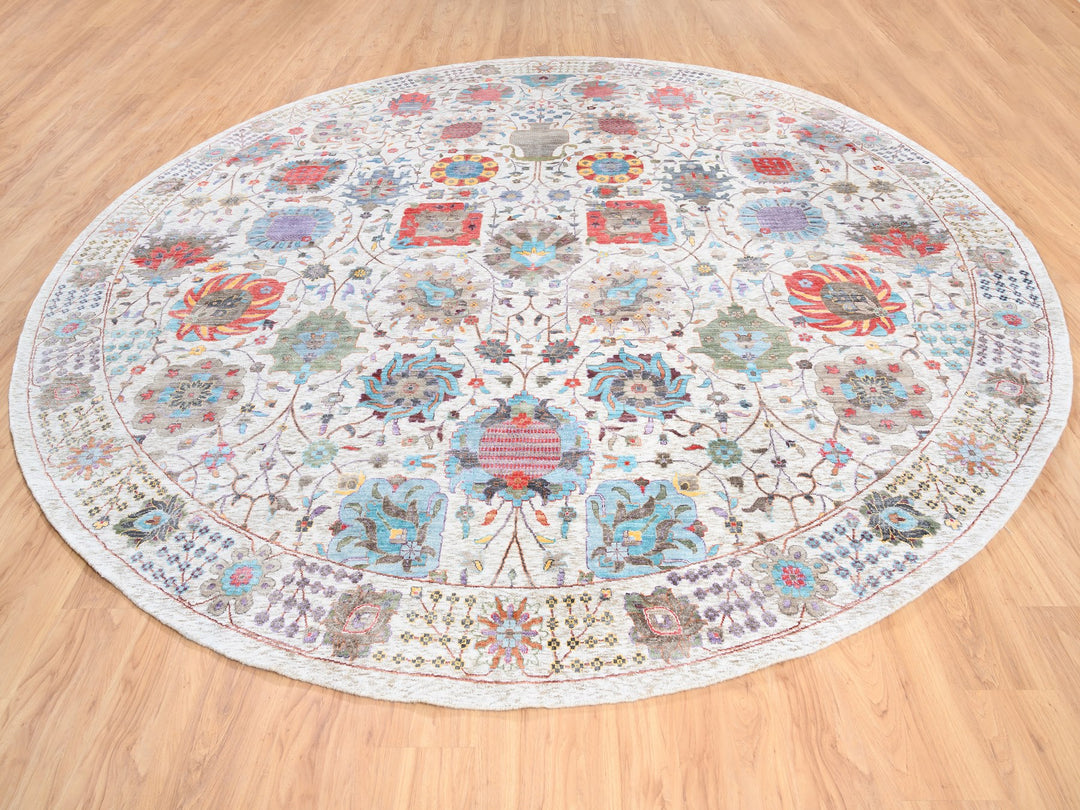 12'2" x 12'2" New Hand Knotted Ivory Wool & Silk Round Oriental Rug - MOA10262274
