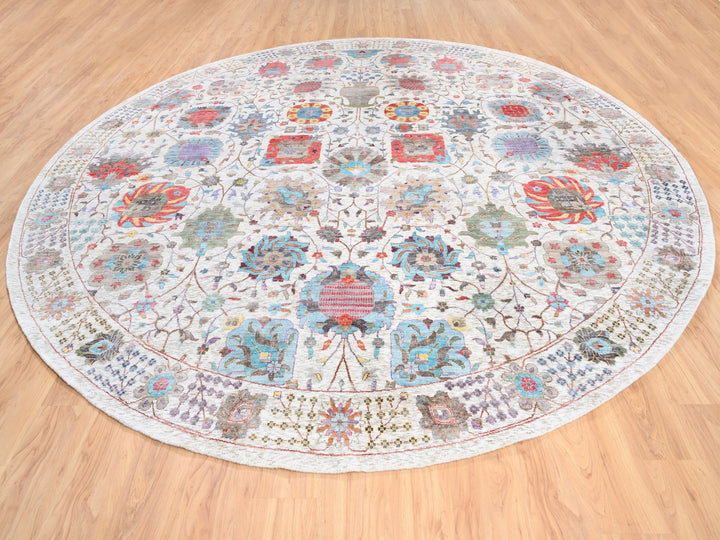 12'2" x 12'2" New Hand Knotted Ivory Wool & Silk Round Oriental Rug - MOA10262274