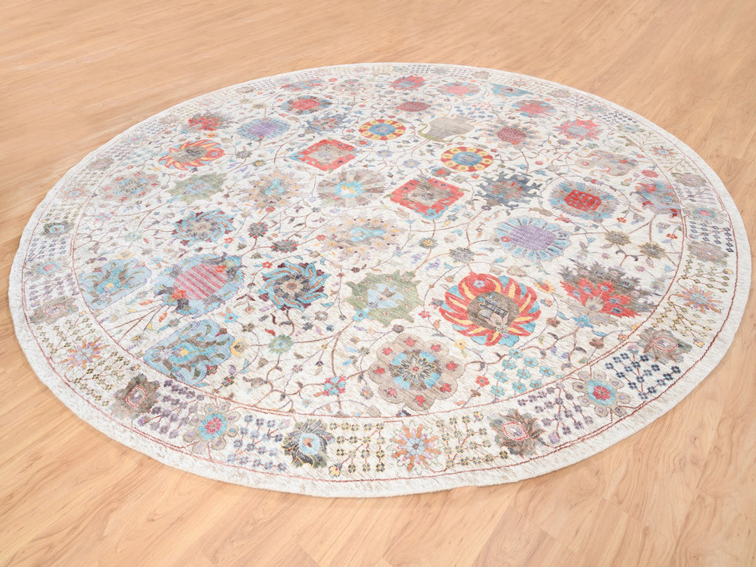 12'2" x 12'2" New Hand Knotted Ivory Wool & Silk Round Oriental Rug - MOA10262274