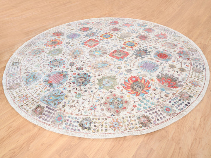12'2" x 12'2" New Hand Knotted Ivory Wool & Silk Round Oriental Rug - MOA10262274