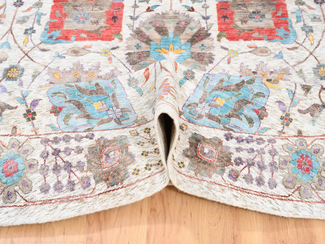 12'2" x 12'2" New Hand Knotted Ivory Wool & Silk Round Oriental Rug - MOA10262274