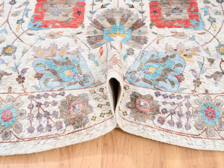 12'2" x 12'2" New Hand Knotted Ivory Wool & Silk Round Oriental Rug - MOA10262274