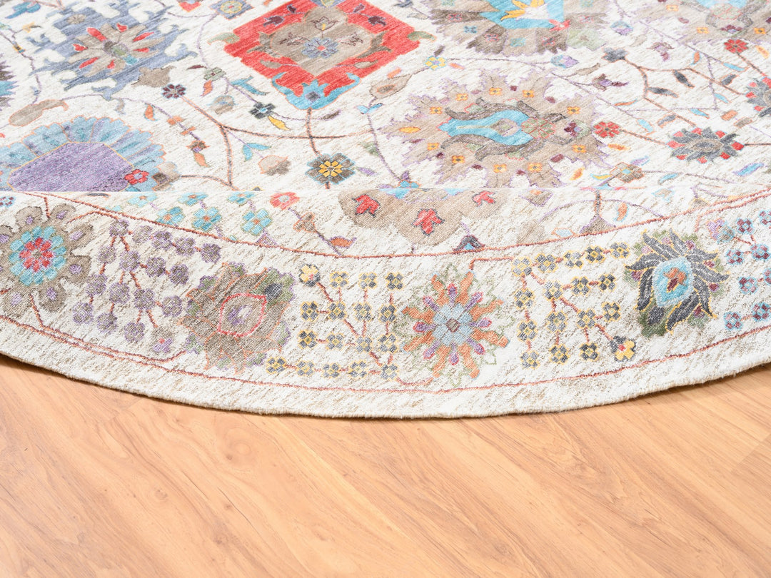 12'2" x 12'2" New Hand Knotted Ivory Wool & Silk Round Oriental Rug - MOA10262274