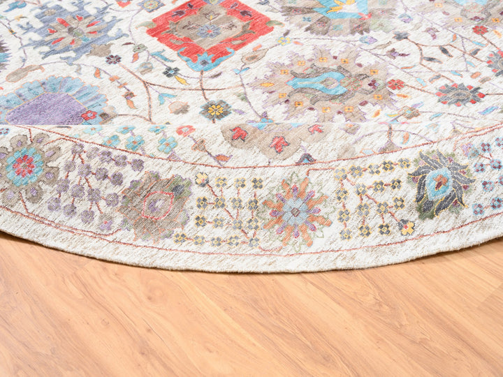 12'2" x 12'2" New Hand Knotted Ivory Wool & Silk Round Oriental Rug - MOA10262274