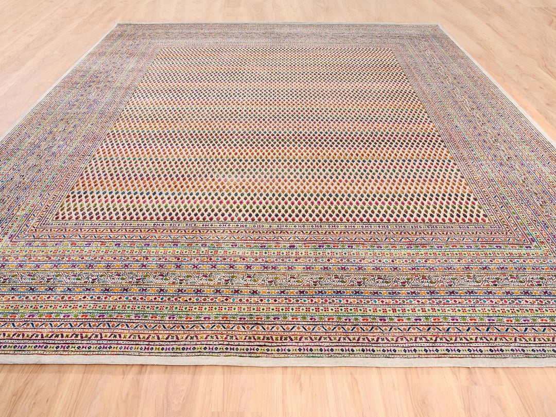 13'10" x 14'0" New Hand Knotted Beige Wool & Sari Silk Square Oriental Rug - MOA10262305