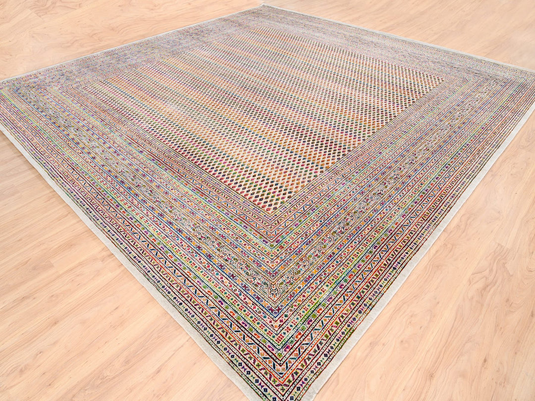 13'10" x 14'0" New Hand Knotted Beige Wool & Sari Silk Square Oriental Rug - MOA10262305