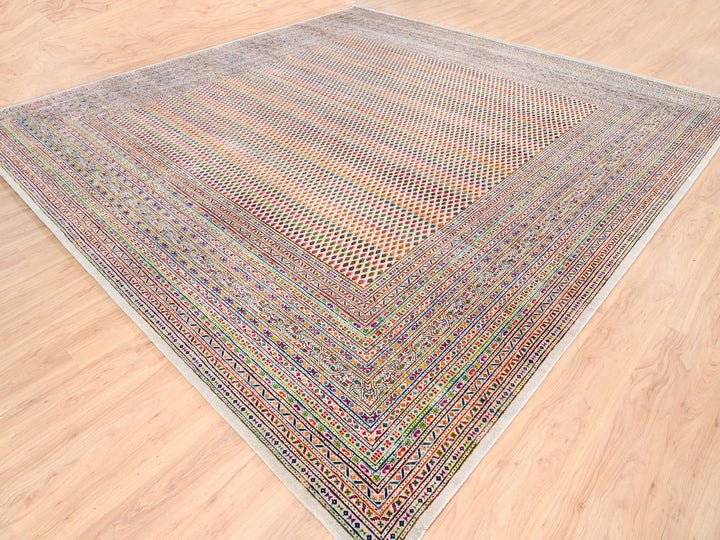 13'10" x 14'0" New Hand Knotted Beige Wool & Sari Silk Square Oriental Rug - MOA10262305
