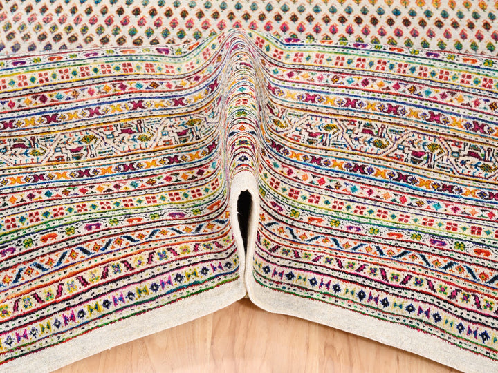 13'10" x 14'0" New Hand Knotted Beige Wool & Sari Silk Square Oriental Rug - MOA10262305