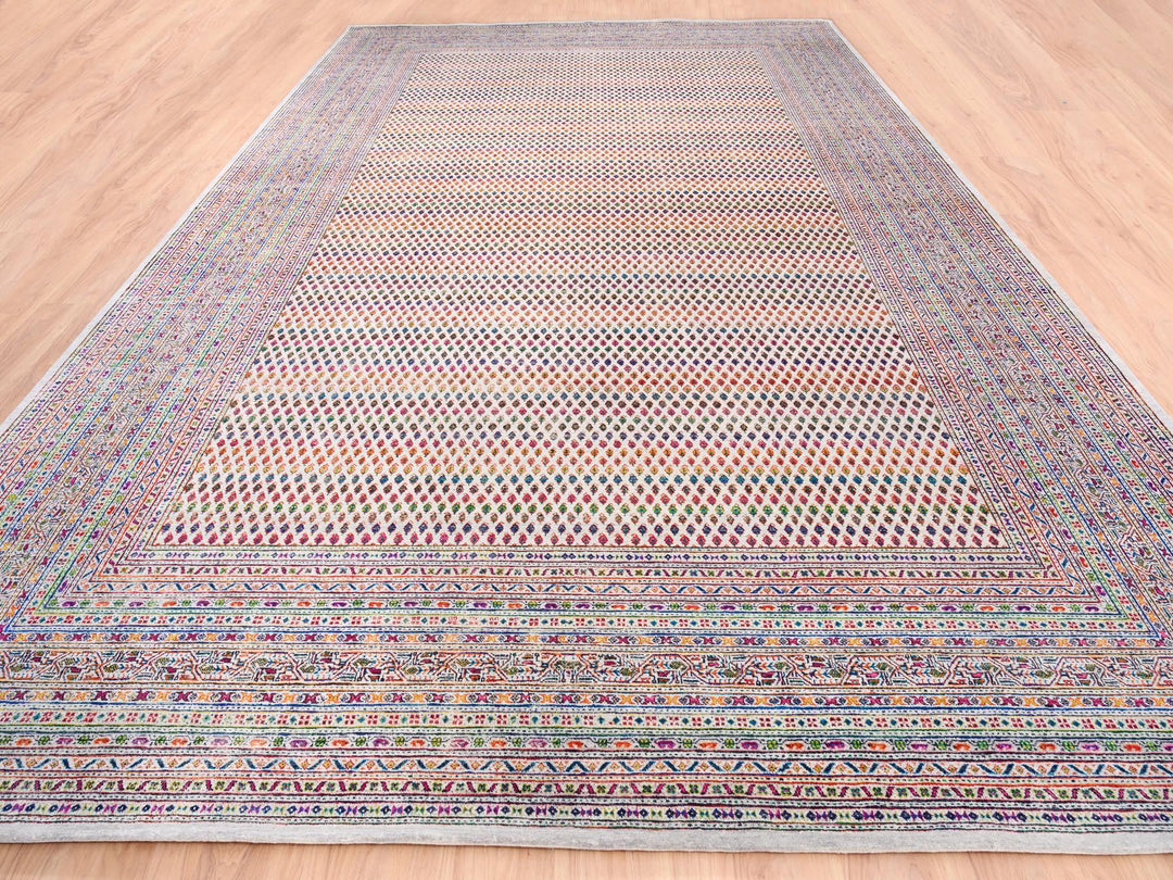 11'7" x 18'0" New Hand Knotted Beige Wool & Sari Silk Rectangle Oriental Rug - MOA10262312