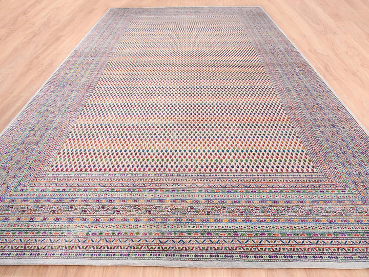11'7" x 18'0" New Hand Knotted Beige Wool & Sari Silk Rectangle Oriental Rug - MOA10262312