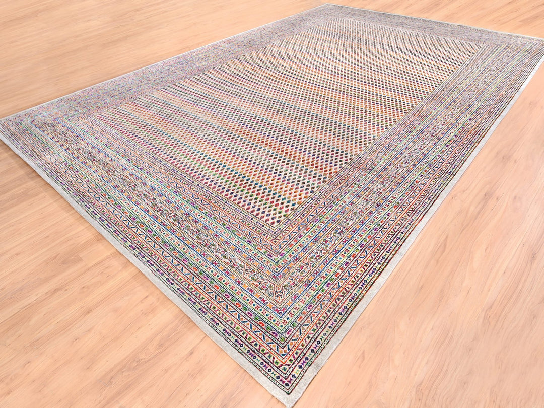 11'7" x 18'0" New Hand Knotted Beige Wool & Sari Silk Rectangle Oriental Rug - MOA10262312