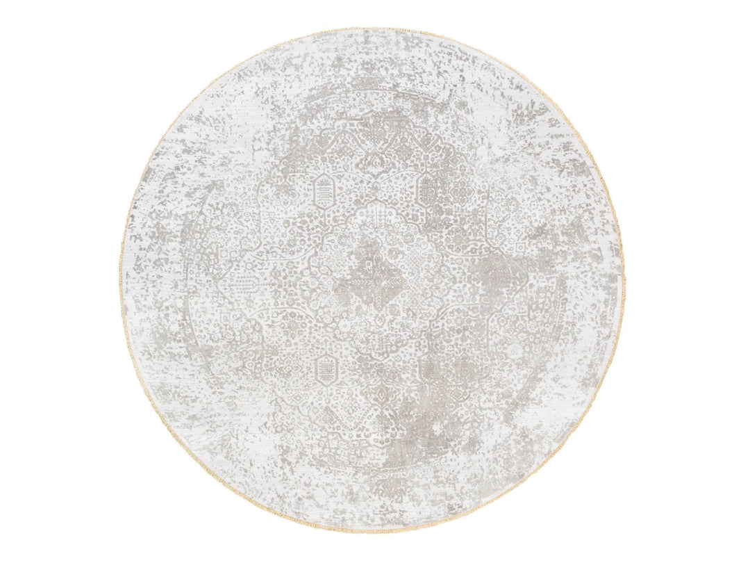 10'0" x 10'0" New Hand Knotted Ivory Wool & Pure Silk Round Oriental Rug - MOA10262368