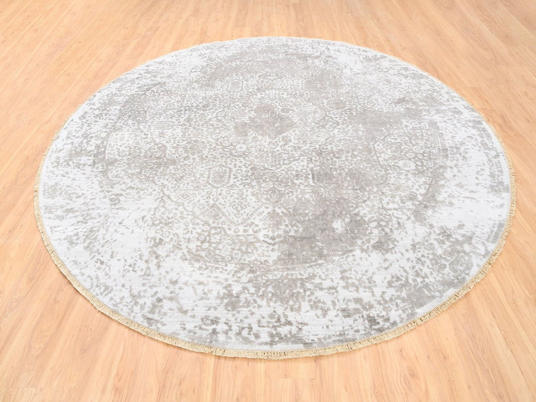 10'0" x 10'0" New Hand Knotted Ivory Wool & Pure Silk Round Oriental Rug - MOA10262368