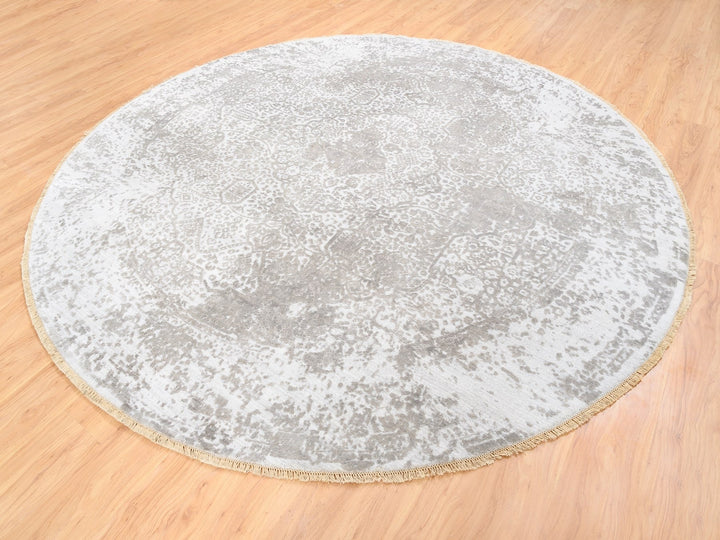 10'0" x 10'0" New Hand Knotted Ivory Wool & Pure Silk Round Oriental Rug - MOA10262368