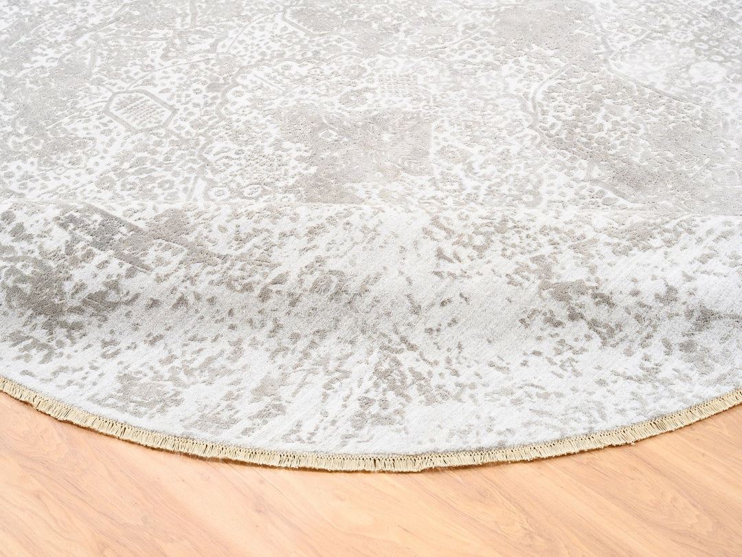 10'0" x 10'0" New Hand Knotted Ivory Wool & Pure Silk Round Oriental Rug - MOA10262368