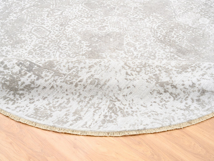 10'0" x 10'0" New Hand Knotted Ivory Wool & Pure Silk Round Oriental Rug - MOA10262368