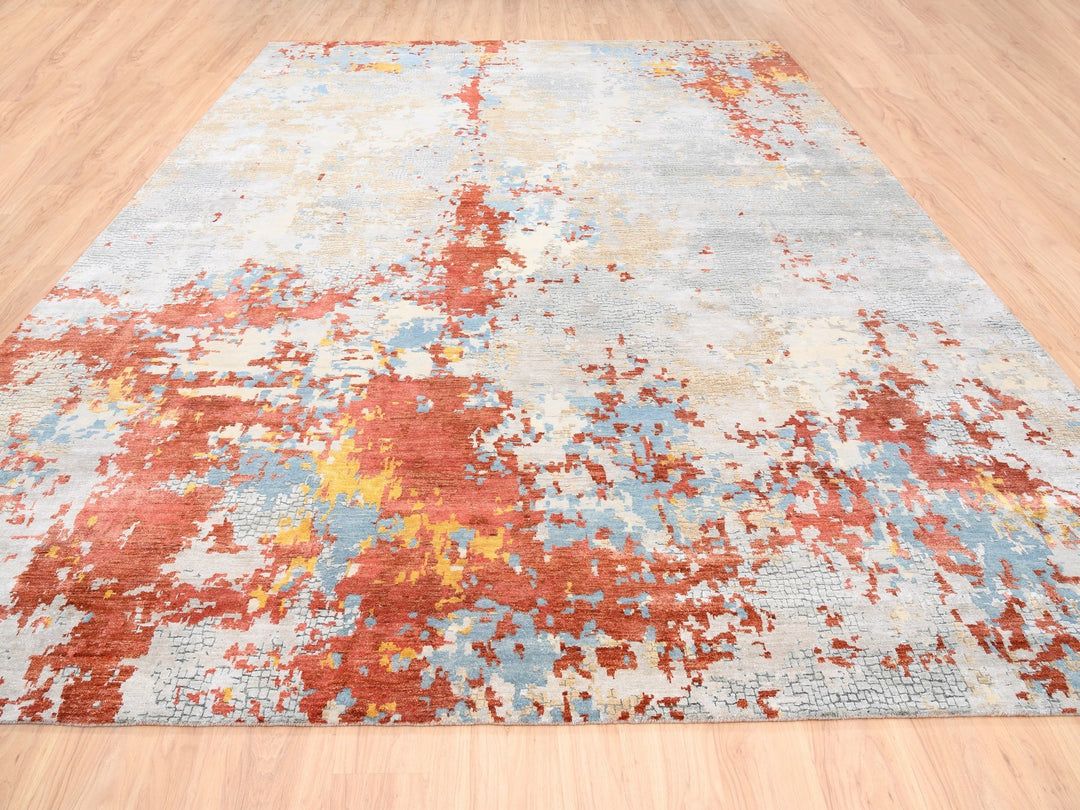 11'8" x 15'0" New Hand Knotted Grey Wool & Silk Rectangle Oriental Rug - MOA10262675