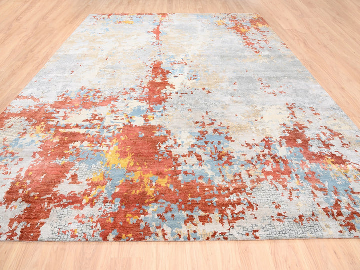 11'8" x 15'0" New Hand Knotted Grey Wool & Silk Rectangle Oriental Rug - MOA10262675